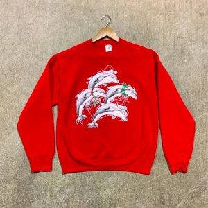 Vintage 1990’s Christmas Crewneck Holiday Dolphins Long Sleeve Red Size Large